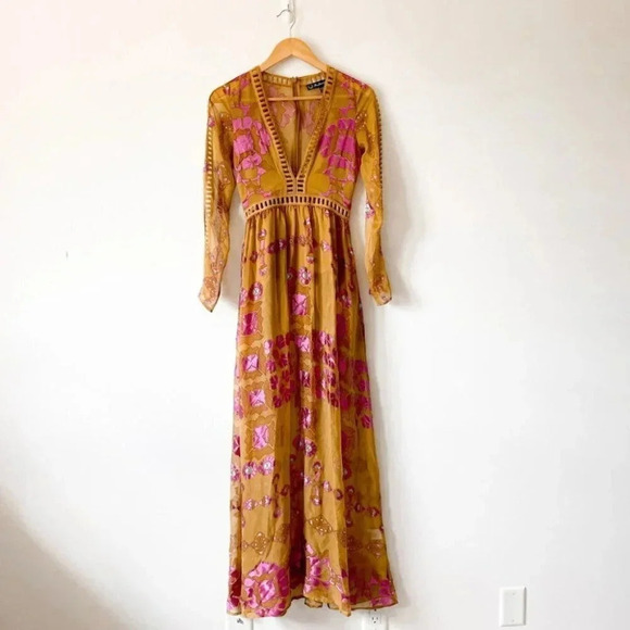 For Love & Lemons Barcelona Maxi Dress Silk Blend Mustard Yellow Sz XS - Picture 8 of 16